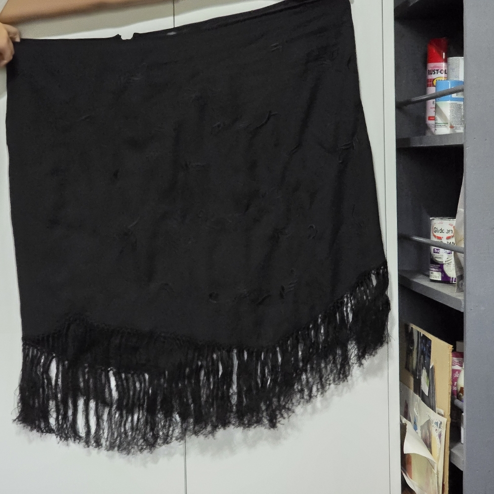 Venezia Black Imprinted Skirt with Fringe, Plus Size 26